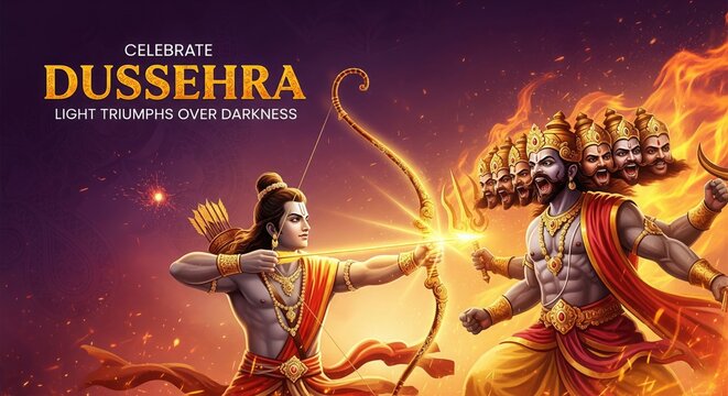 Dussehra Celebration – Shree Ram Pulling Divine Bowstring, Ravana Ten Heads