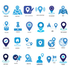 A vibrant collection of blue location pin icons, showcasing various map and navigation symbols. Perfect for travel, business, and technology themes.