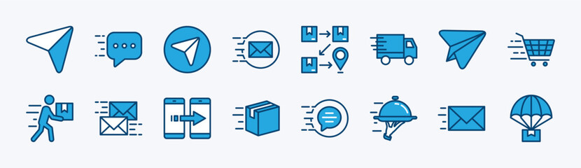 Set of send button icon vector. Contains paper plane, message sent, submit, sending, delivered, reply mail, data transfer, package and food delivery route, fast shipping truck. Illustration