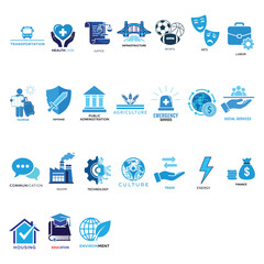 A comprehensive set of blue flat icons, each representing a distinct concept like transport, health, justice, and finance, all presented clearly on a white background for versatile use.