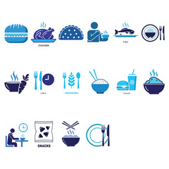 A diverse set of flat design icons representing various food items, dining experiences, and meal-related concepts, perfect for culinary websites and apps.