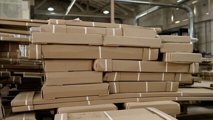 Cardboard boxes containing furniture parts stacked on pallets in a warehouse, ready for distribution