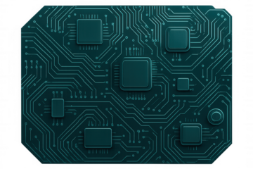 Close-up view revealing intricate printed circuit board featuring microchips, processors, electronic components against transparent backdrop, showcasing modern technological complexity