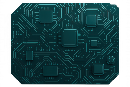 Close-up view revealing intricate printed circuit board featuring microchips, processors, electronic components against transparent backdrop, showcasing modern technological complexity
