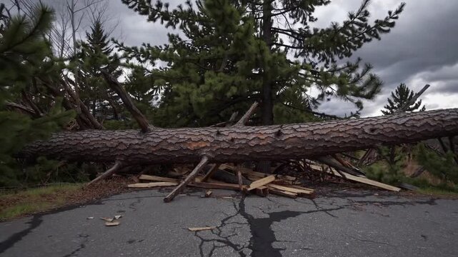 Post-Storm Roadway Chaos and Obstruction Caused by Fallen Pine Tree and Damaged Power Lines