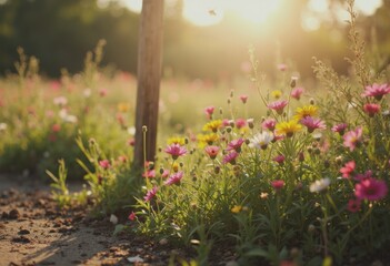 Obraz premium Sunflower fields and flower meadows with a viewing rail at sunset