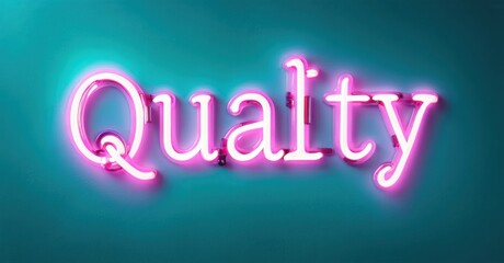 Bright pink neon sign spells Quality against teal background. Simple design, modern aesthetic, vibrant illumination.