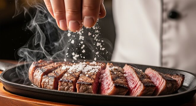 Chef sprinkling salt on a hot sliced beef steak in a pan