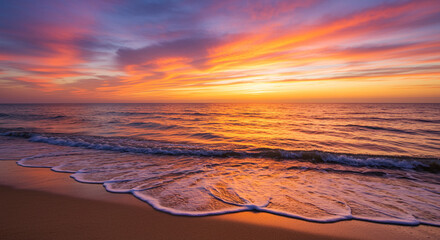 A beautiful sunset paints the sky with vibrant colors over the calm ocean