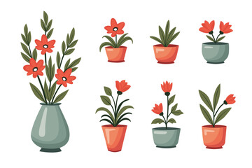 Flat vector illustration of decorative flower pots with red blossoms and green leaves, indoor plant decor design isolated on white background