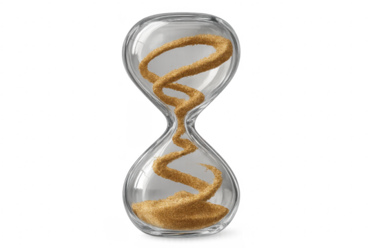 Hourglass with swirling golden sand falling, measuring passing time on transparent background