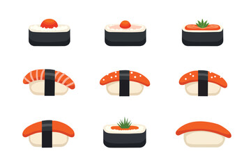 Flat vector illustration of assorted sushi and nigiri with rice, fish, and seaweed, traditional Japanese food isolated on white background