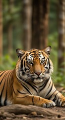 Obraz premium Close-up of a tiger resting in a forest.