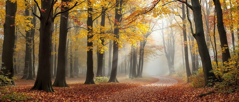 An autumn forest with golden and red leaves falling gently and a path winding through the trees.