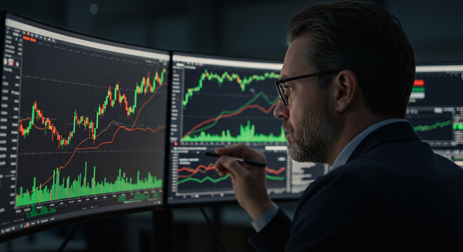 Focused businessman analyzing complex stock market data on multiple curved computer monitors in a dimly lit office