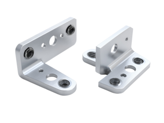 Two silver metal brackets engineering parts