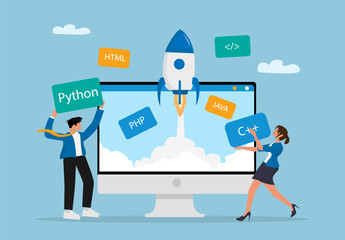 Creative Web Development and Programming Team Launching Project with Coding Languages Illustration