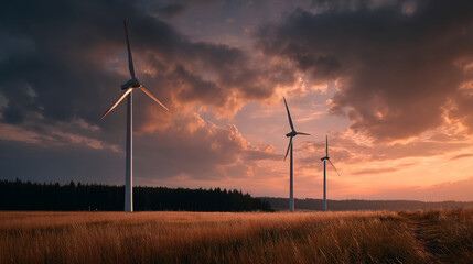 Obraz premium Wind turbines stand tall in a field at sunset with a dramatic sky full of clouds above them