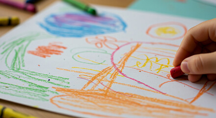 A child drawing with crayons on a paper, showcasing creativity, imagination, and early artistic exploration.