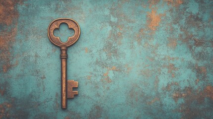 Vintage ornate key resting against a textured turquoise background