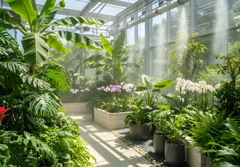 Lush greenhouse oasis with vibrant tropical plants and orchids bathed in soft sunlight