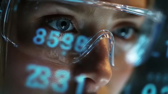 Futuristic Scientist's Intense Gaze: Dynamic Digital Data Projected on Face and Protective Glasses