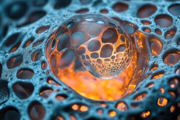 A mesmerizing close-up of a translucent sphere nestled within an intricate, porous structure, glowing warmly from within.