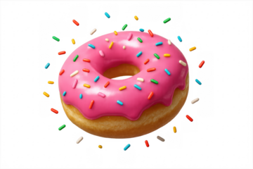 Delicious pink donut rotating with colorful sprinkles on transparent background