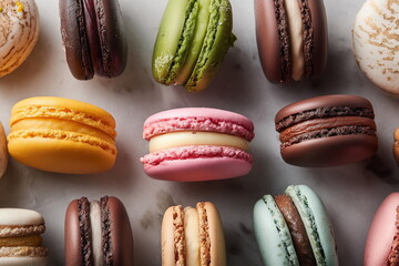 Assorted macarons with various fillings and textures arranged on a marble surface, captured from above to highlight vibrant colors, symmetry, and flat 2D composition.
