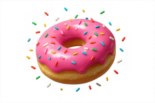 Delicious pink donut rotating with colorful sprinkles on transparent background