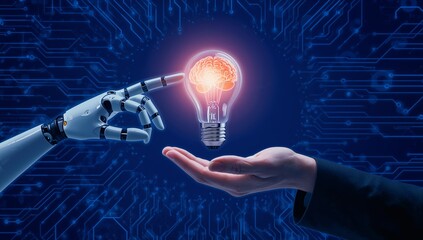 Robot hand giving glowing light bulb to human hand symbolizing innovation and future technology