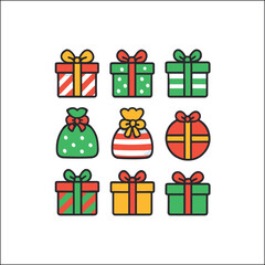 Collection of nine colorful christmas gift boxes and bags with ribbons and bows isolated on white background