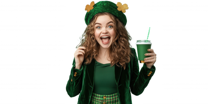Excited Woman in Green Velvet Blazer with Festive Tumbler, St. Patrick’s Day, Transparent Background