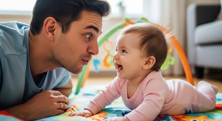 Happy father playing with his smiling baby daughter on the floor