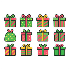 Collection of twelve colorful christmas gift boxes with ribbons and bows isolated on white background for festive holiday design