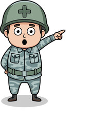 Cartoon army soldier character, camouflage uniform, pointing finger pose, military man illustration, vector art, alert expression, war theme, defense