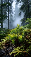 Fototapeta premium Lush Green Moss Thriving Under Early Morning Sunlight in a Misty Forest Setting