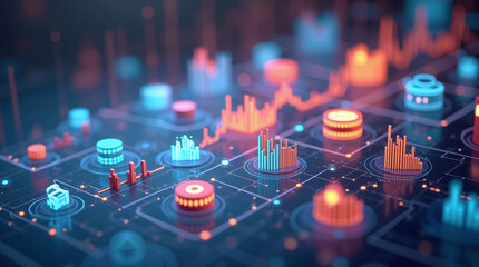 Abstract digital representation of data analysis, with glowing circuits and charts, showcasing information flow.