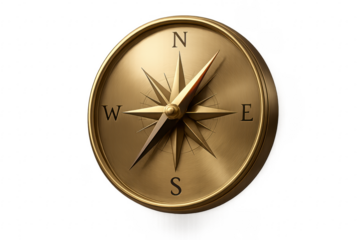 Golden compass pointing north on transparent background