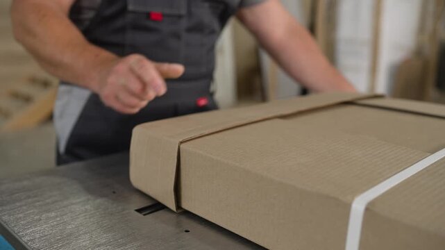 Furniture maker carefully packaging a piece of furniture in cardboard and securing it with packing tape