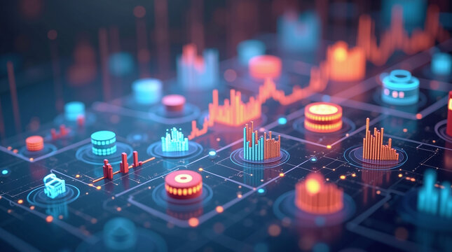 Abstract digital representation of data analysis, with glowing circuits and charts, showcasing information flow.