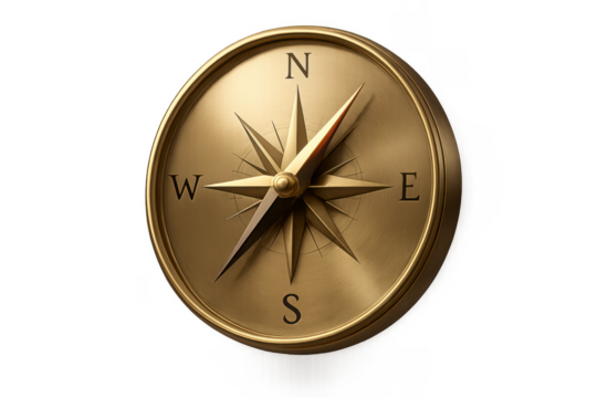 Golden compass pointing north on transparent background