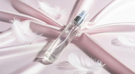 Naklejka premium Clear cosmetic spray bottle on pink silk with white feathers