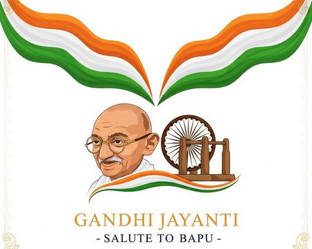 Gandhi Jayanti &ndash; Iconic Glasses and Charkha with Indian Flag Waves, Bold Festive Text