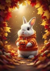 Cute white rabbit dressed in an orange hoodie holding a pumpkin.