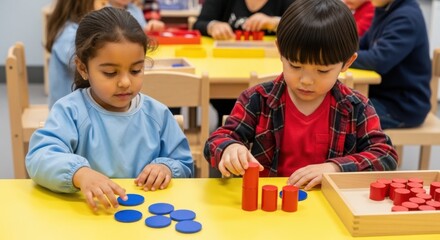 Two young children a girl and a boy are focused on playing with colorful wooden counting blocks at a yellow table in a classroom