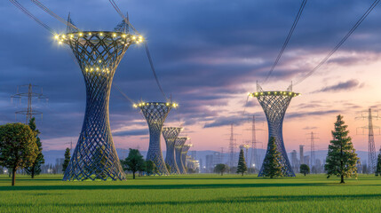Futuristic smart power grid towers illuminate green fields at sunset, showcasing sustainable energy innovation and modern design