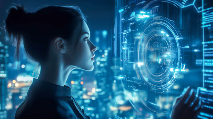 Young woman with dark hair interacts with a futuristic holographic interface in a cityscape at night
