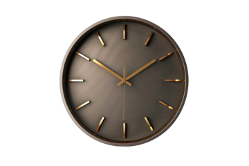 A modern, circular wall clock with a dark brown face and gold accents