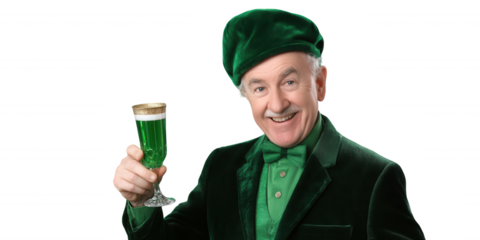 Smiling Senior Wearing Green Beret Holding Champagne Glass – St. Patrick’s Day and Transparent Background